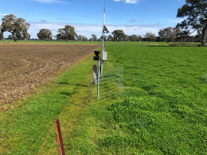 Weather station and telemetry unit of the Harrow soil moisture monitoring site located on the fence line between two paddocks.