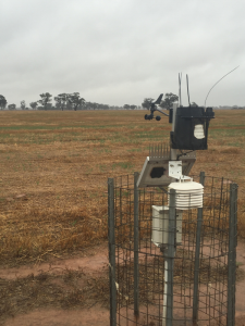 Weather station and telemetry unit of the Elmore soil moisture monitoring site with protection to protect from livestock.