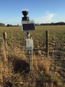 Weather station and telemetry unit of the Jancourt soil moisture monitoring site located on the fence line between two paddocks.