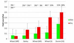 Graph comparing yield loss in a wet vs dry year for different cereal types.