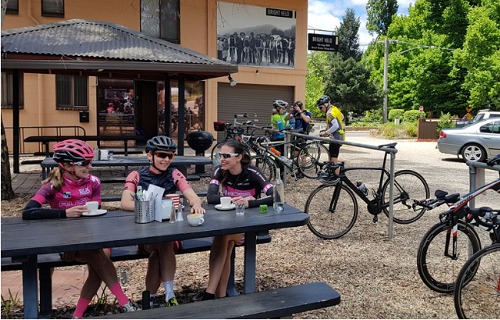 Women cyclists at cafe in Victorian High Country