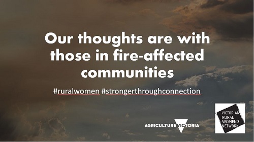 Expression of sympathy to those in bushfire-affected areas of Victoria, Agriculture Victoria and VRWN logos on smokey greyed-out background