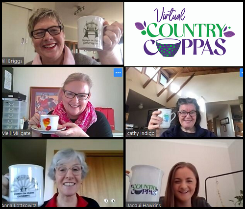Five rural women raise their mugs in an online image of their Virtual Country Cuppa event