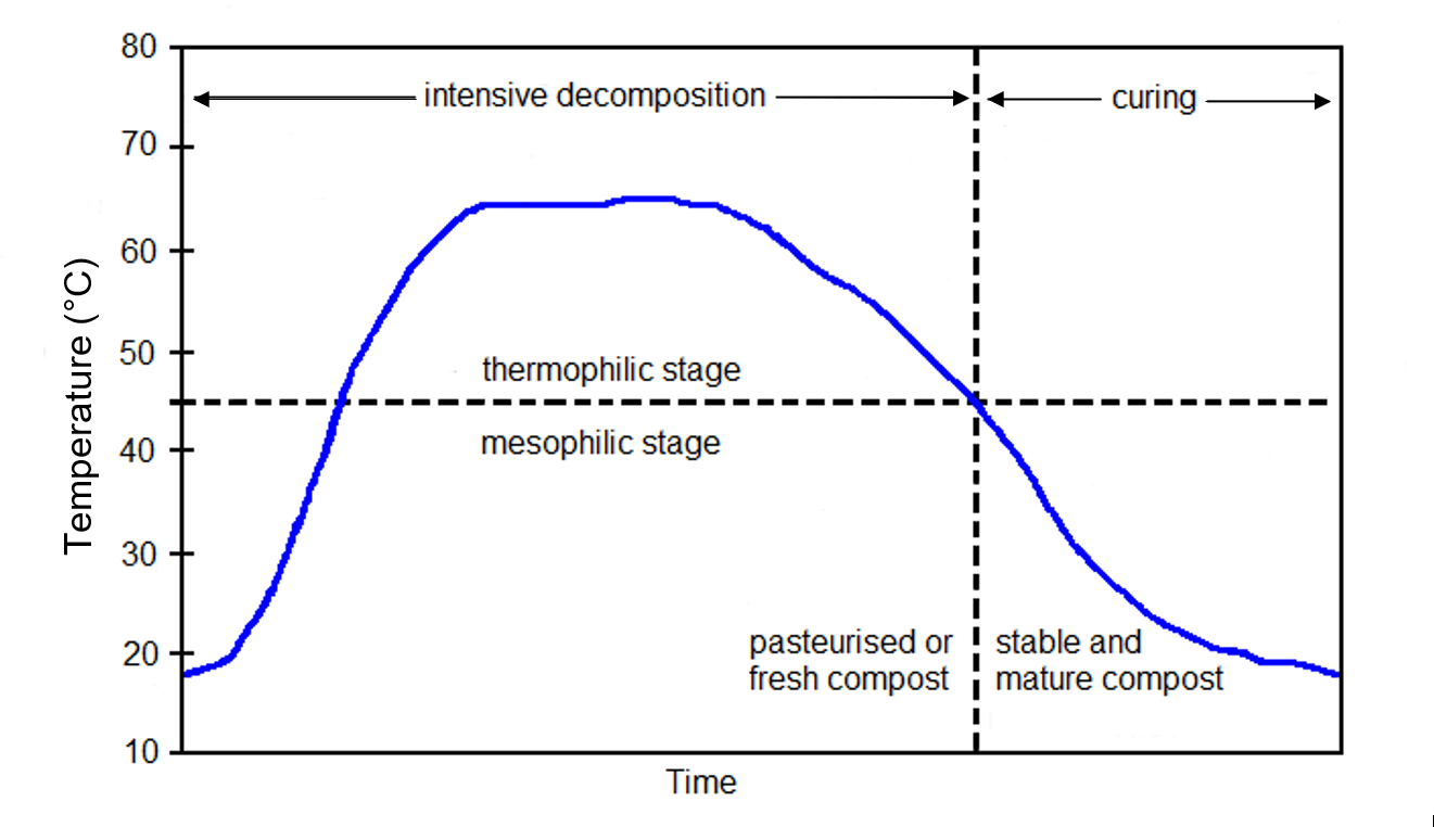 Graph showing the stages of composting with respect to temperature development.
