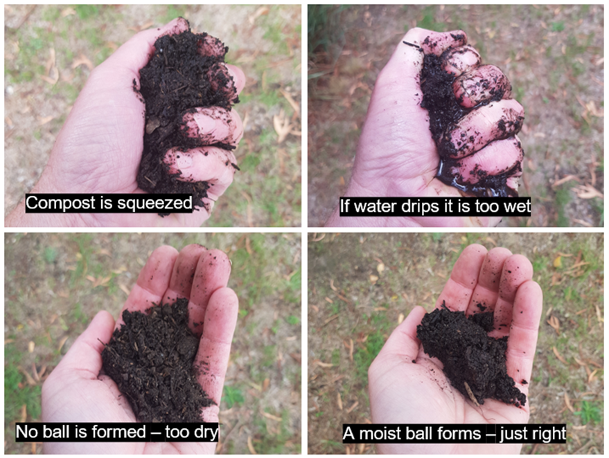 Four photos of compost with different moisture levels being squeezed in a person's hand.