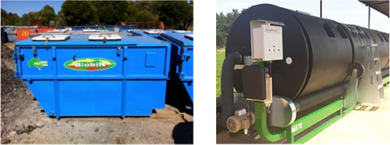 Photos of two different types of containerised composting systems.