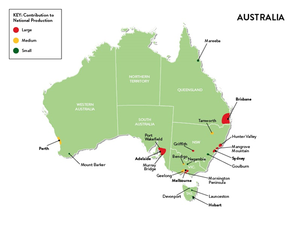 A map of Australia showing the location of the major chicken meat producing regions and highlighting their contribution to the national production.
