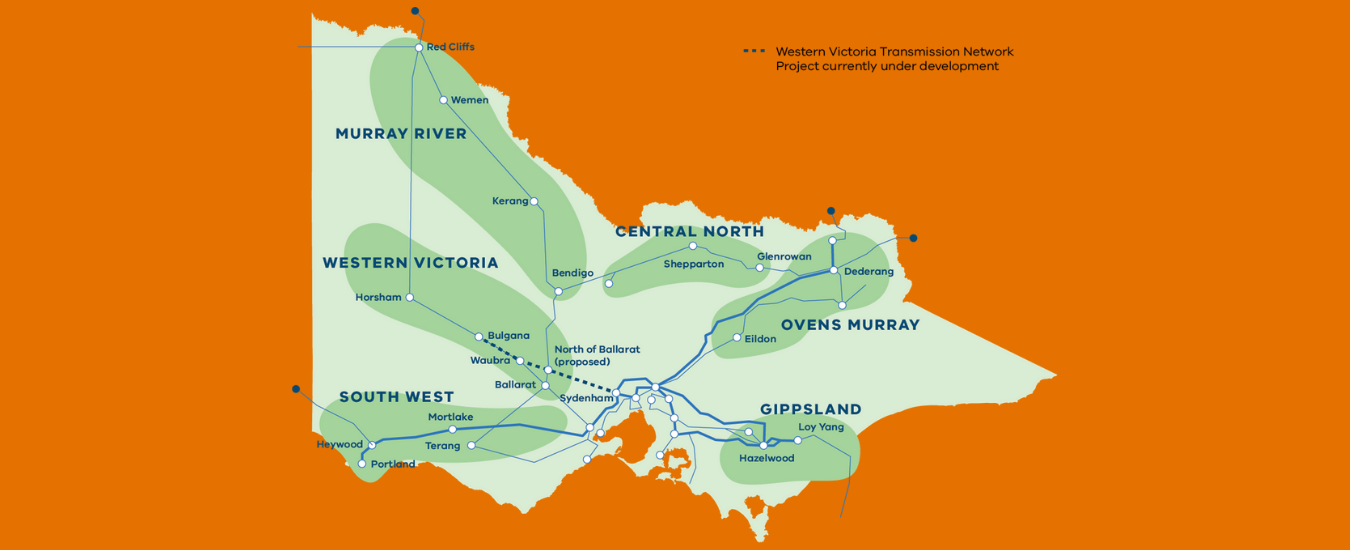 Map of Vicvtoria showing the Renewable Energy Zones and the western Victoria Transmission Newtwork project currently under development