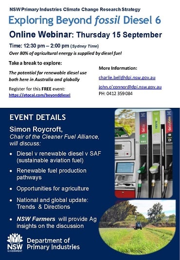 flyer promo for webinar with time and dates showing blue farm tractor ploughing green field and fuel bowser with renewable diesel pump