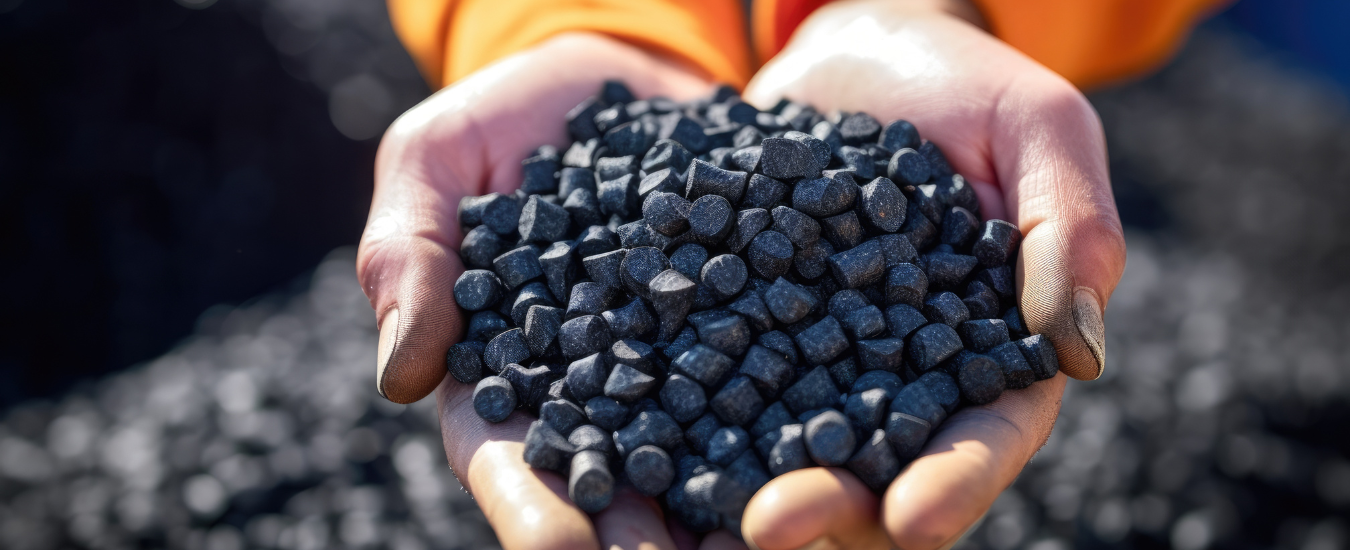 Man hands hold black granules biochar pellets. Handful of charcoal pellets fuel in a person hands. Organic biochar derived made from woody material through pyrolysis.