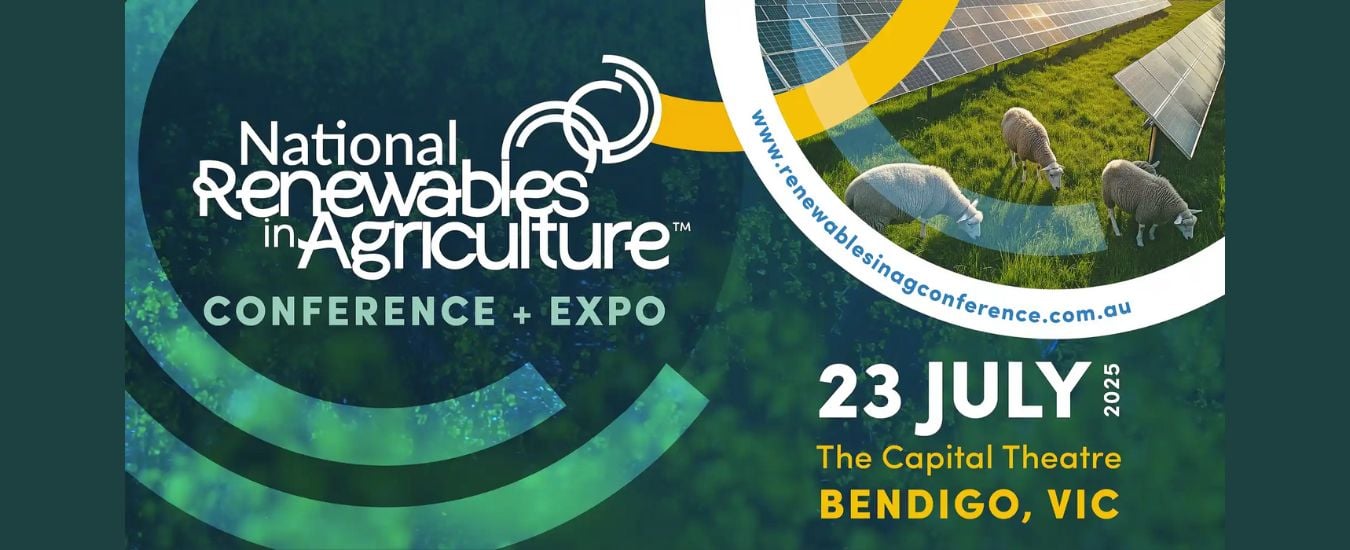 Blue and yellow geometric pattern with image of sheep grazing between solar panels with text "National Renewables in Agriculture Conference + Expo 23rd July 2025 Bendigo Victoria"