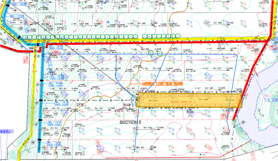 Revised irrigation farm plan snippet showing final location and redesign of re-use dam