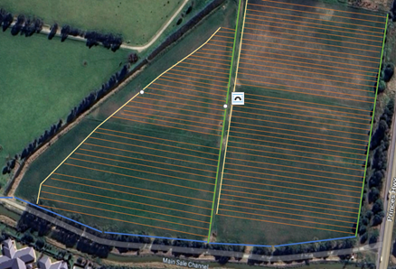 The polygon of the host farmer's sub-surface drip irrigated paddocks. The yellow, red, and green lines indicate the main pipes, sub-surface pipes, and drains, respectively.