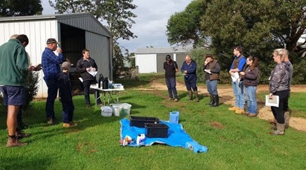 The field walk group hearing about the system from the host farmer. Facilitated by Agriculture Victoria's Irrigation Extension team.