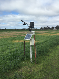 Weather station and telemetry unit of the Taylors Lake soil moisture monitoring site located on the fence line between two paddocks.