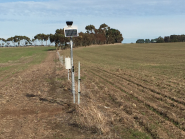Weather station and telemetry unit of the Yalla-Y-Poora soil moisture monitoring site located on the fence line between two paddocks.