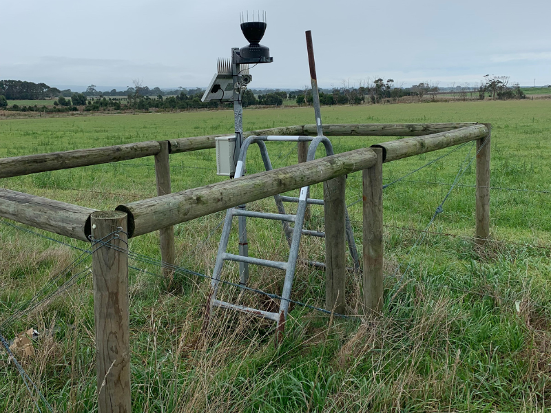 Weather station and telemetry unit of the Yarram soil moisture monitoring site located on the fence line between two paddocks.