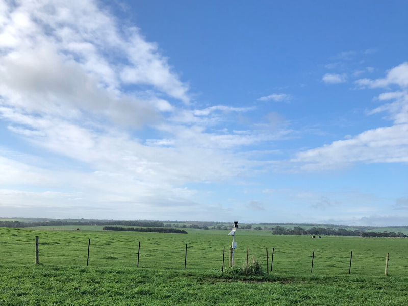 Weather station and telemetry unit of the Dartmoor soil moisture monitoring site located on the fence line between two paddocks.