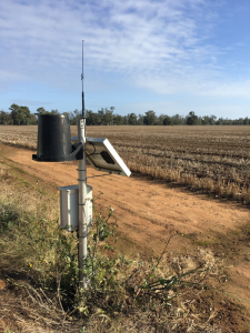 Weather station and telemetry unit of the Serpentine soil moisture monitoring site located on the edge of the paddock.