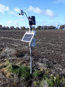 Weather station and telemetry unit of the Kerang soil moisture monitoring site located between two irrigation bays.