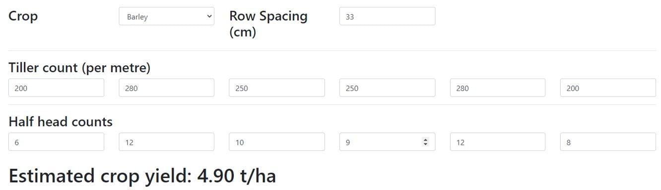 Crop yield calculator with information added for an example barley crop. Row spacing 33. Tiller count 200, 280, 250, 250, 280, 200. Half head counts 6, 12, 10, 9, 12, 8. Estimated crop yield is 4.9 t/ha.