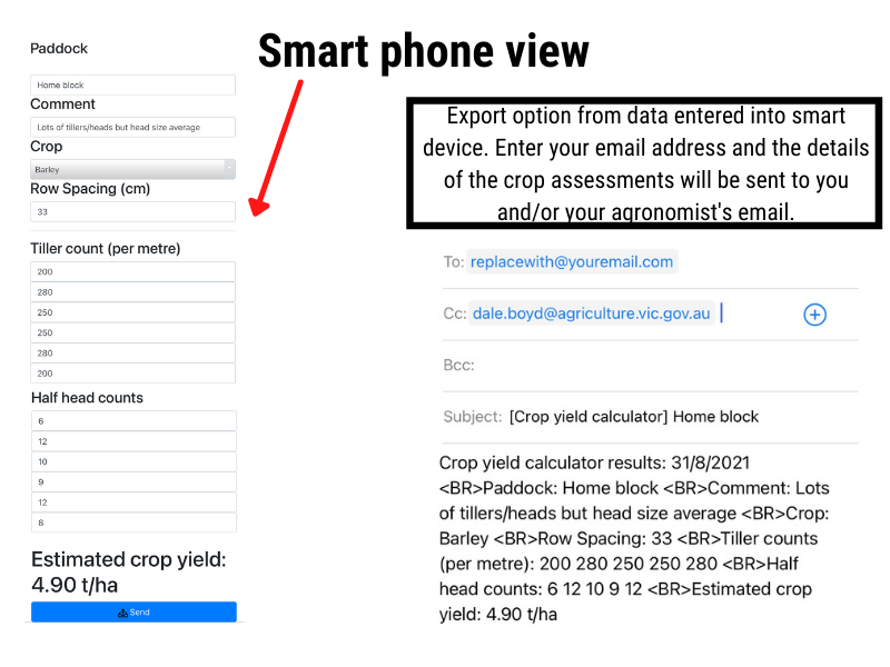 Depiction of how the calculator looks on smart phone including the email that is exported.