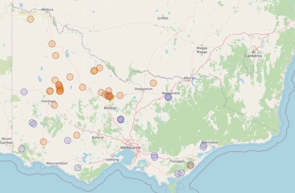  A map of Victoria depicting the locations of the soil moisture probes shown on the new site.