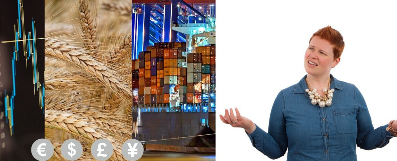 Young woman wondering what the grain, stocks and shipping containers are doing