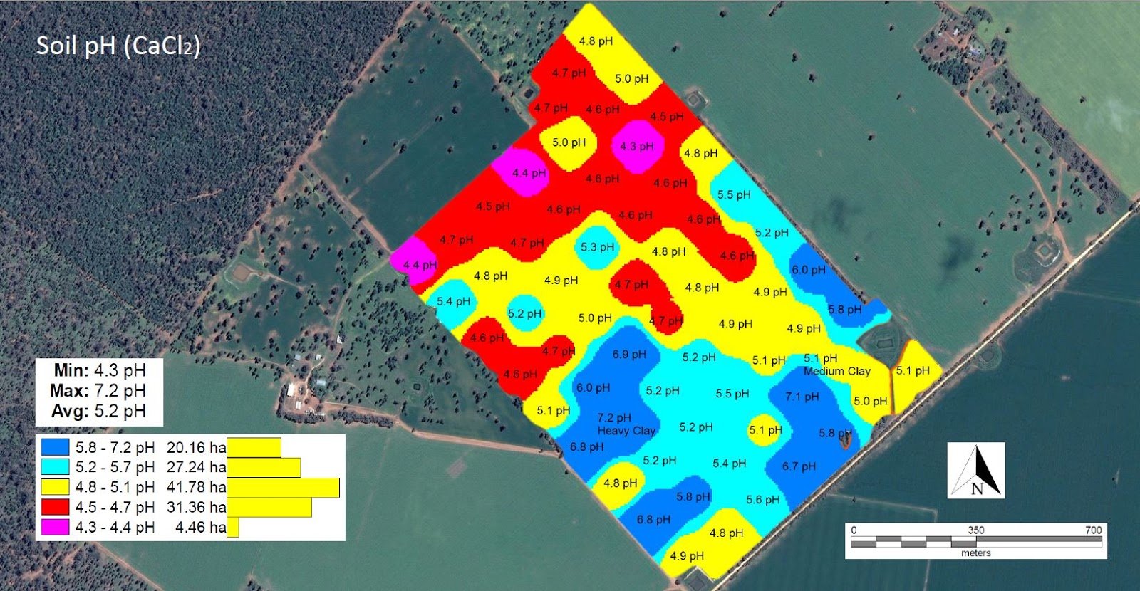 Ariel image of paddocks with overlaid colour coded map showing variability of soil pH over the mapped area.