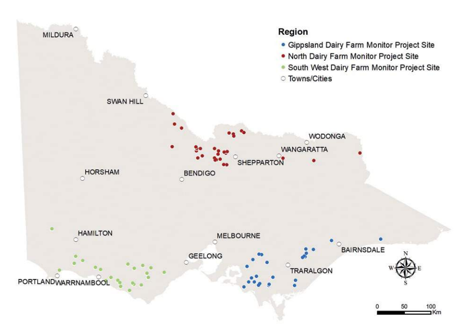 Graphic of map of Victoria with coloured icons representing the approximate locations of dairy farm monitor participant farms