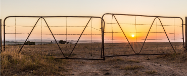 Closed farm gates with sunset in background